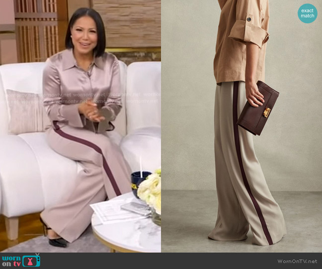 Reiss Isla Wide-Leg Striped Trousers in Stone worn by Stephanie Ramos on Good Morning America
