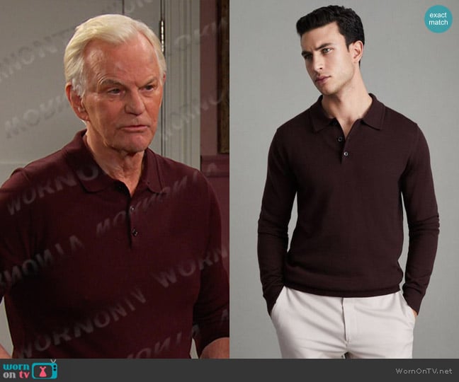 Reiss Trafford Merino Wool Polo Shirt in Dark Bordeaux worn by Roman Brady (Josh Taylor) on Days of our Lives