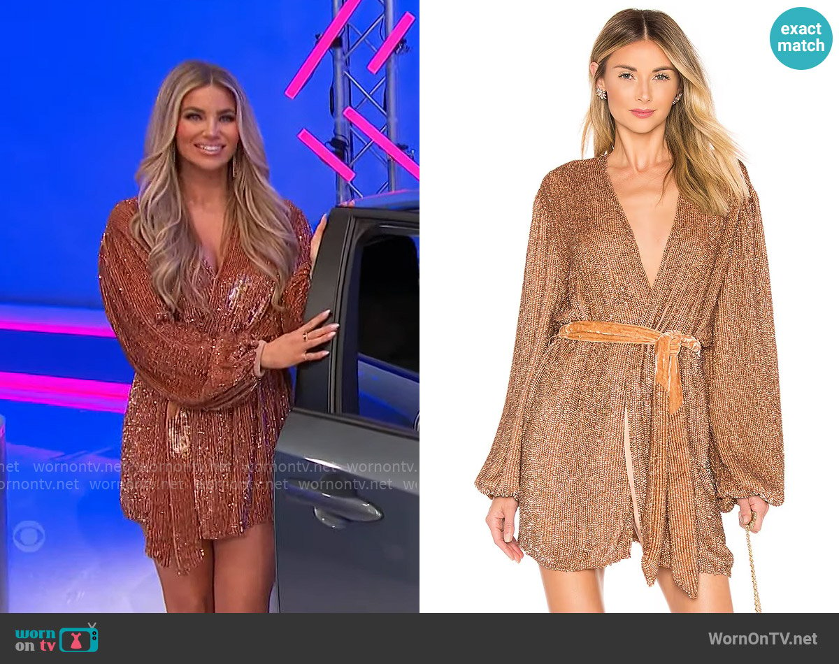 Retrofete Gabrielle Robe Dress in Bronze worn by Amber Lancaster on The Price is Right