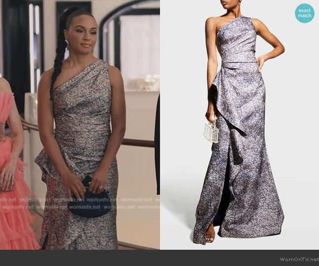 Rickie Freeman For Teri Jon One-Shoulder Jacquard Side-Ruffle Gown worn by Kaya Blanke (Carra Patterson) on Elsbeth