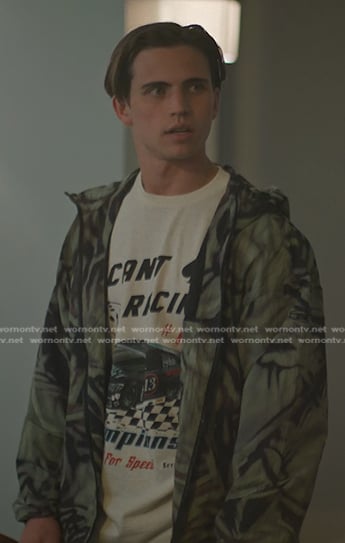 Robby's racing car print tee and green print jacket on Cobra Kai