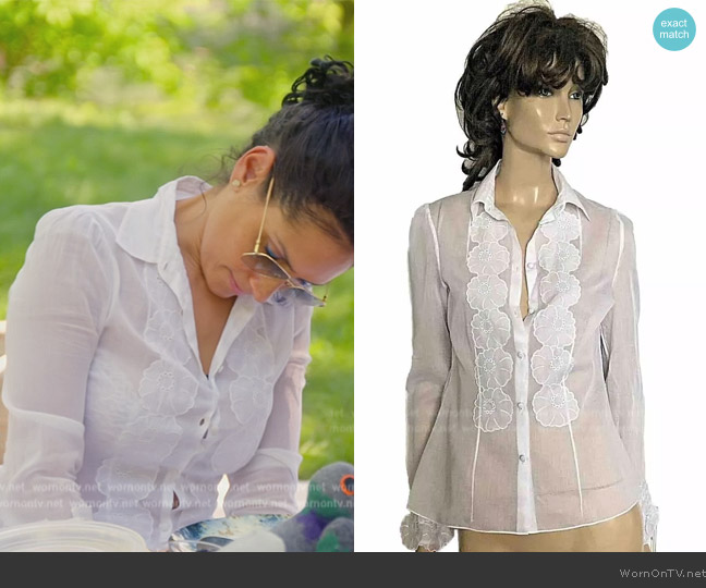 Roberto Cavalli White Organza Embroidered French Cuffs Blouse worn by Racquel Chevremont on The Real Housewives of New York City