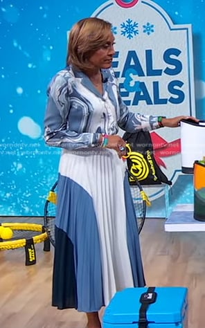 Robin’s blue marble blouse and colorblock pleated skirt on Good Morning America