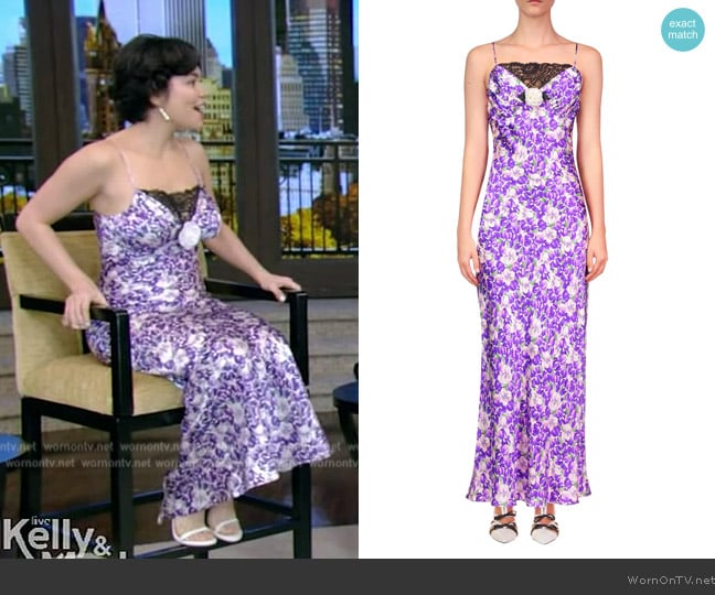 Rodarte Purple Iris Printed Silk Satin Bias Dress worn by Auliʻi Cravalho on Live with Kelly and Mark