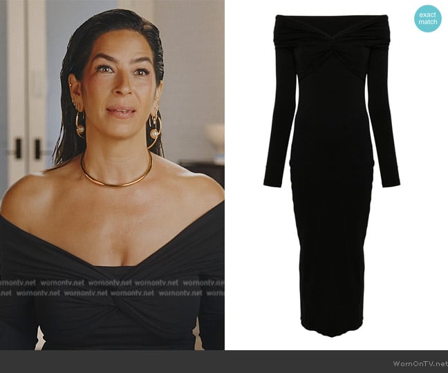 Rotate Birger Christensen Off-shoulder midi dress worn by Rebecca Minkoff on The Real Housewives of New York City