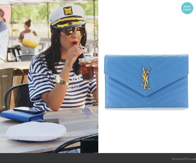 Saint Laurent Grain De Poudre Matelasse Chevron Monogram Envelope Wallet worn by Jessel Taank on The Real Housewives of New York City