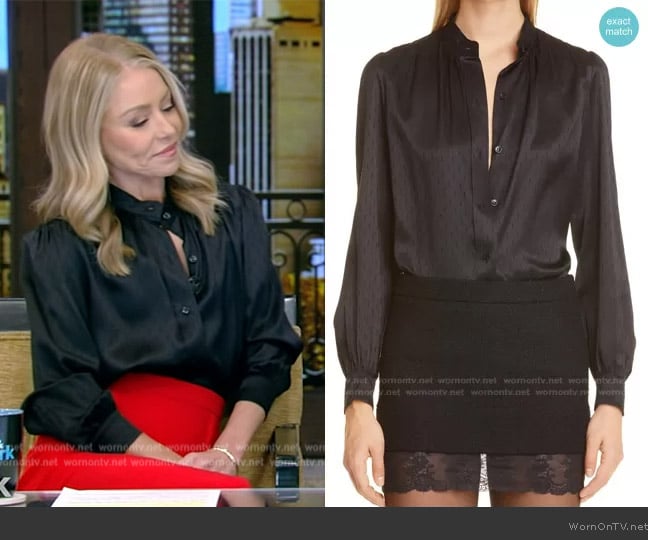 Saint Laurent Monogram Silk Jacquard Blouse worn by Kelly Ripa on Live with Kelly and Mark