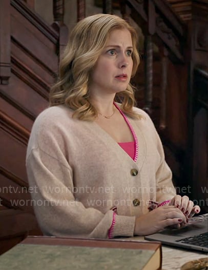 Sam's beige and pink embroidered cardigan on Ghosts