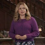 Sam’s purple cable-knit cardigan and printed midi skirt on Ghosts