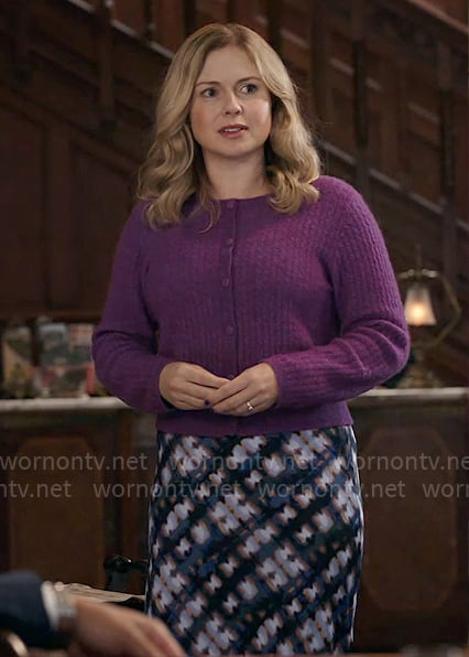 Sam's purple cable-knit cardigan and printed midi skirt on Ghosts