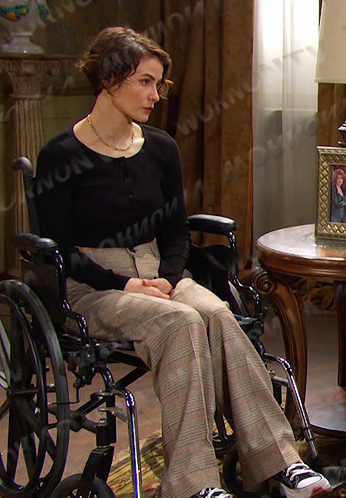 Sarah's black cropped cardigan and plaid pants on Days of our Lives