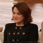 Sarah Greene’s black tweed mini dress on The Drew Barrymore Show