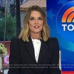 Savannah's black blazer and white tie neck top on Today