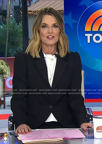 Savannah’s black blazer and white tie neck top on Today