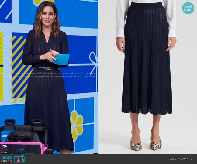 Scanlan Theodore Pleat Lace Skirt in Navy worn by Rebecca Jarvis on Good Morning America