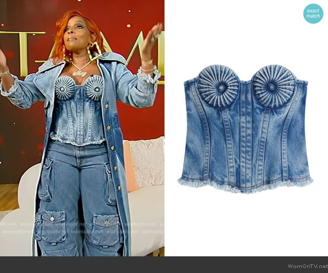 Schiaparelli Breasted Denim Bustier worn by Mary J. Blige on Tamron Hall Show