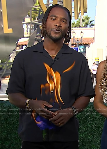 Scott’s black flame print shirt on Access Hollywood