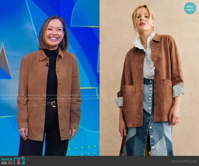 Sezane Will Jacket in Camel Suede worn by Eva Pilgrim on Good Morning America