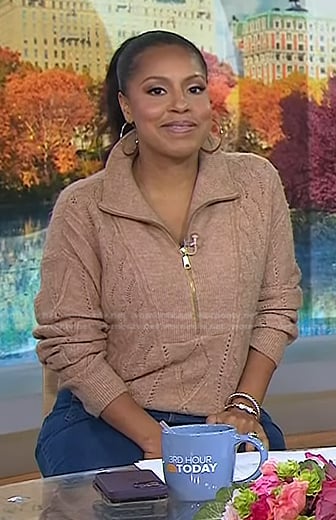 Sheinelle's beige cable knit half-zip sweater and jeans on Today