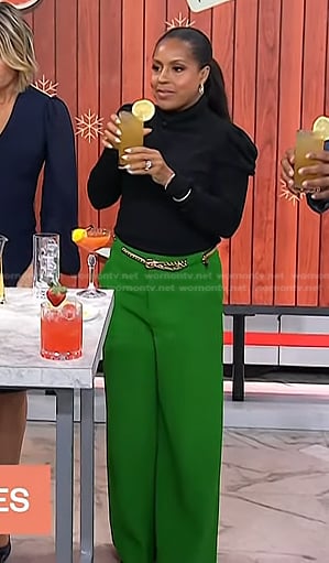 Sheinelle's black puff sleeve top and green pants on Today