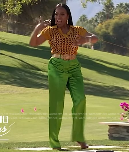 Sheryl Lee Ralph’s yellow crochet knit top and green pants on Live with Kelly and Mark