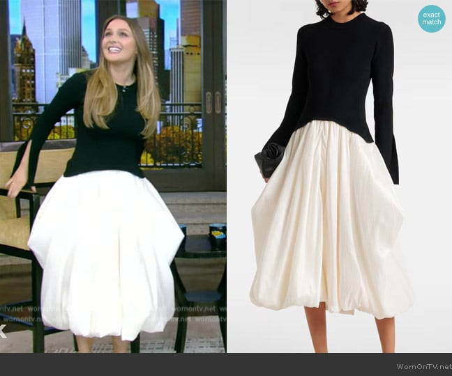 Carolina Herrera Off-the-shoulder pleated two-tone velvet and sateen midi dress worn by Camilla Luddington on Live with Kelly and Mark