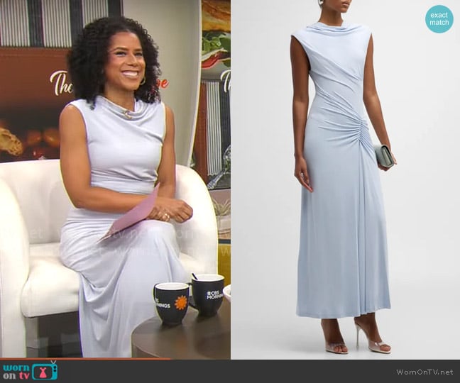 Simkhai Acacia Sleeveless Draped Midi Dress in Blue Haze worn by Adriana Diaz on CBS Mornings