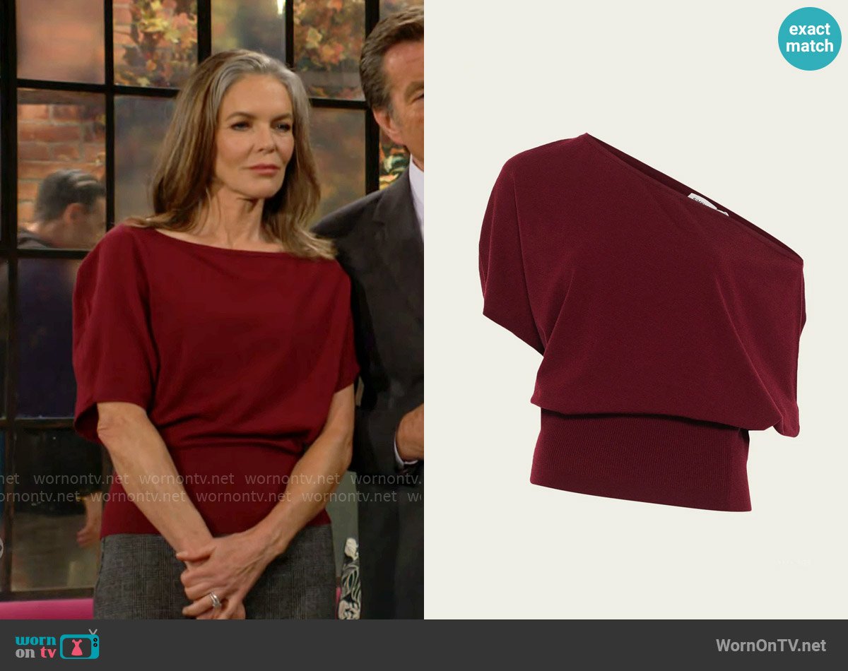 Simkhai Marie Off Shoulder Top in Oxblood worn by Diane Jenkins (Susan Walters) on The Young and the Restless