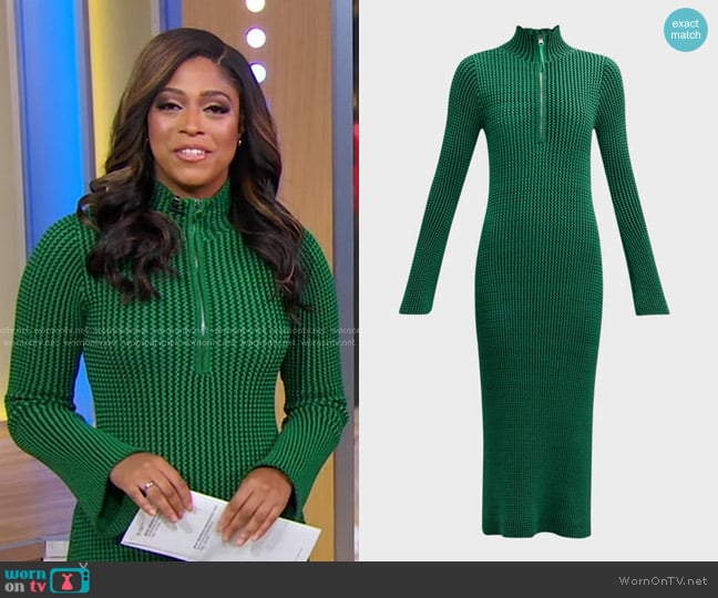 Simon Miller Zumi Textured Knit Long-Sleeve Midi Dress in Gummy Green worn by Morgan Norwood on Good Morning America