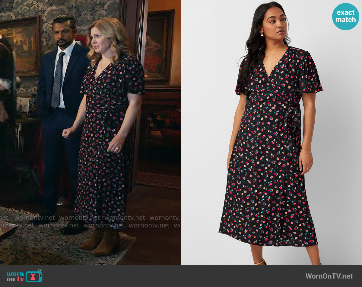 Contemporaine at Simons Romantic floral wrap dress worn by Sam (Rose McIver) on Ghosts