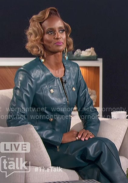 Skye Marshall's teal leather jacket and pants set on The Talk