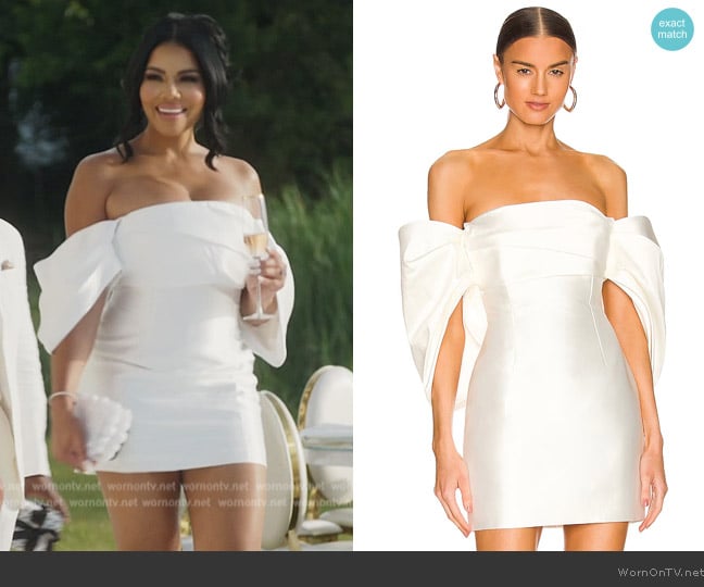 Solace London Edda off-the-shoulder faille mini dress worn by Mia Thornton on The Real Housewives of Potomac