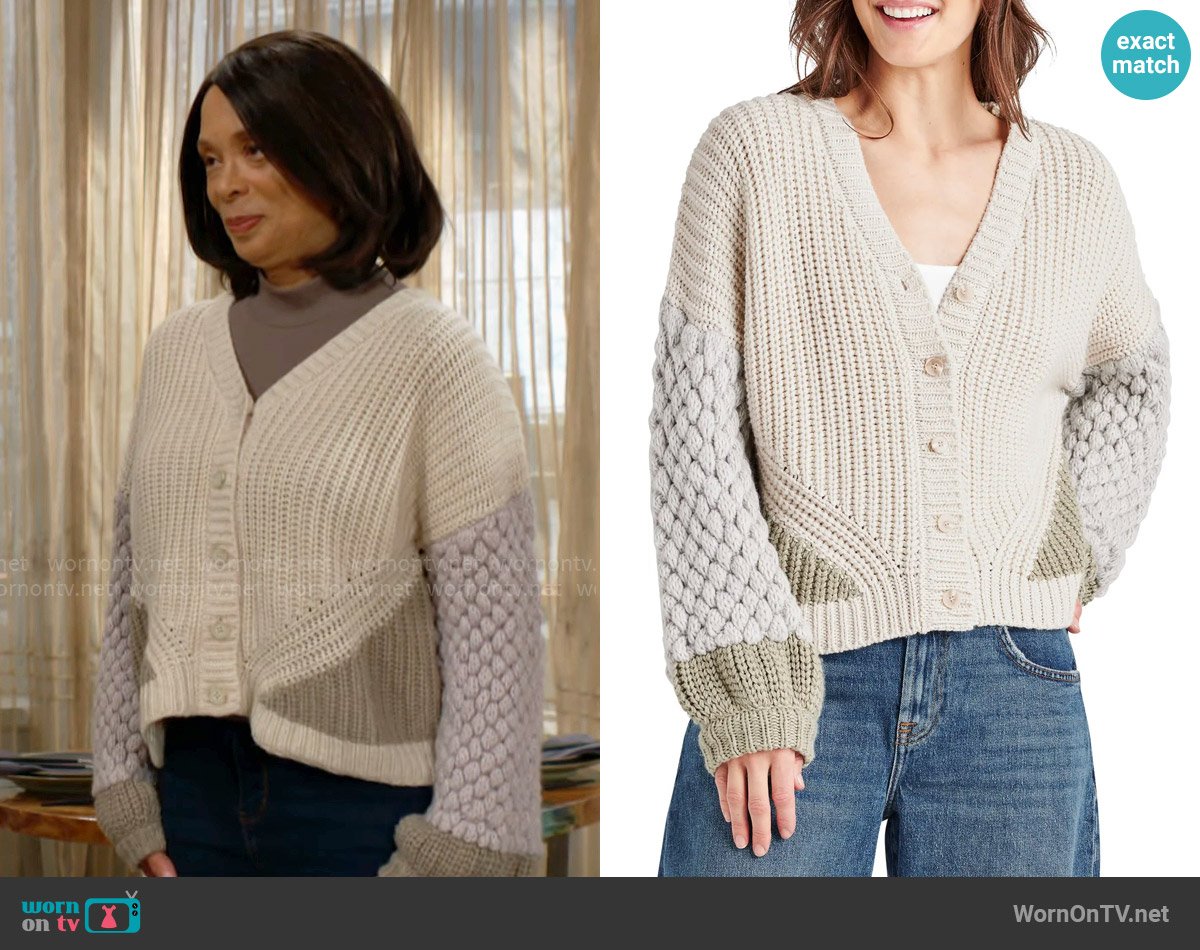 Splendid Margo Cardigan in White Sand / Dew worn by Amy Lewis (Valarie Pettiford) on The Young and the Restless