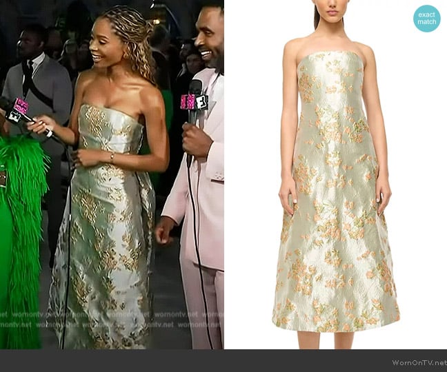 Staud Kennedy Metallic Midi Dress worn by Zuri Hall on Access Hollywood