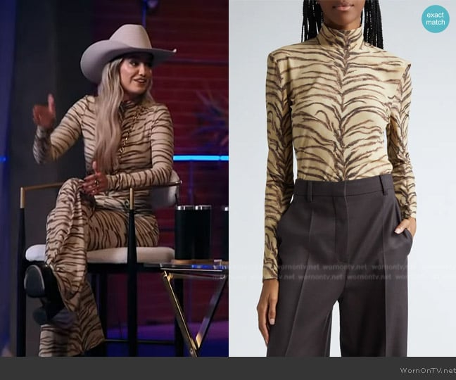 Stella McCartney Tiger Print High-Neck Top worn by Lainey Wilson on Access Hollywood