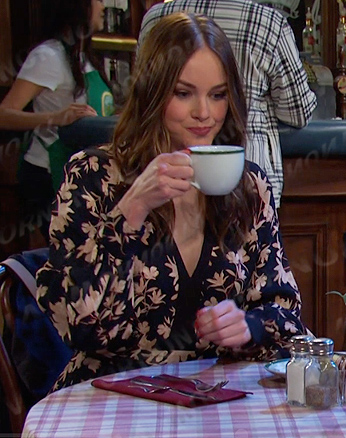 Stephanie's black floral v-neck dress on Days of our Lives