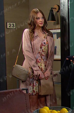 Stephanie's floral dress and pink trench coat on Days of our Lives