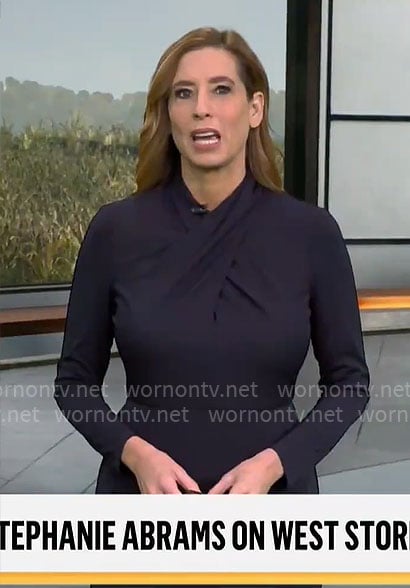 Stephanie Abrams' navy cross-neck dress on CBS Mornings