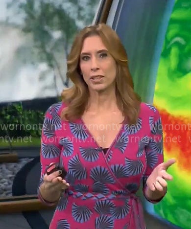 Stephanie Abrams’ pink fan print wrap dress on CBS Mornings