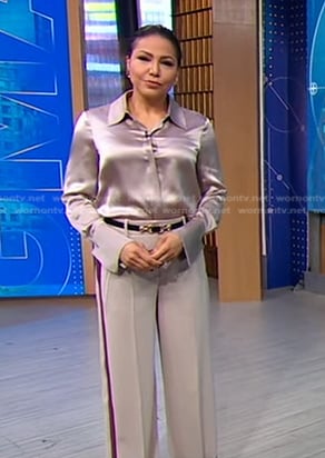 Stephanie's wide cuff silk shirt and side stripe pants on Good Morning America