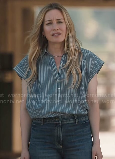 Summer's blue striped top on Yellowstone