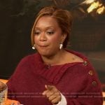 Sunny Anderson’s red gold button shoulder sweater on The Drew Barrymore Show