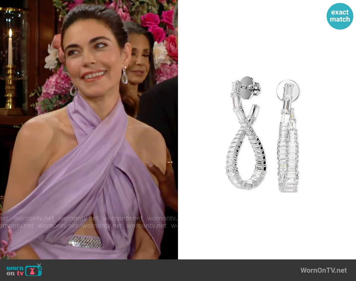 Swarovski Rhodium-Plated Baguette Crystal Infinity Drop Earrings worn by Victoria Newman (Amelia Heinle) on The Young and the Restless