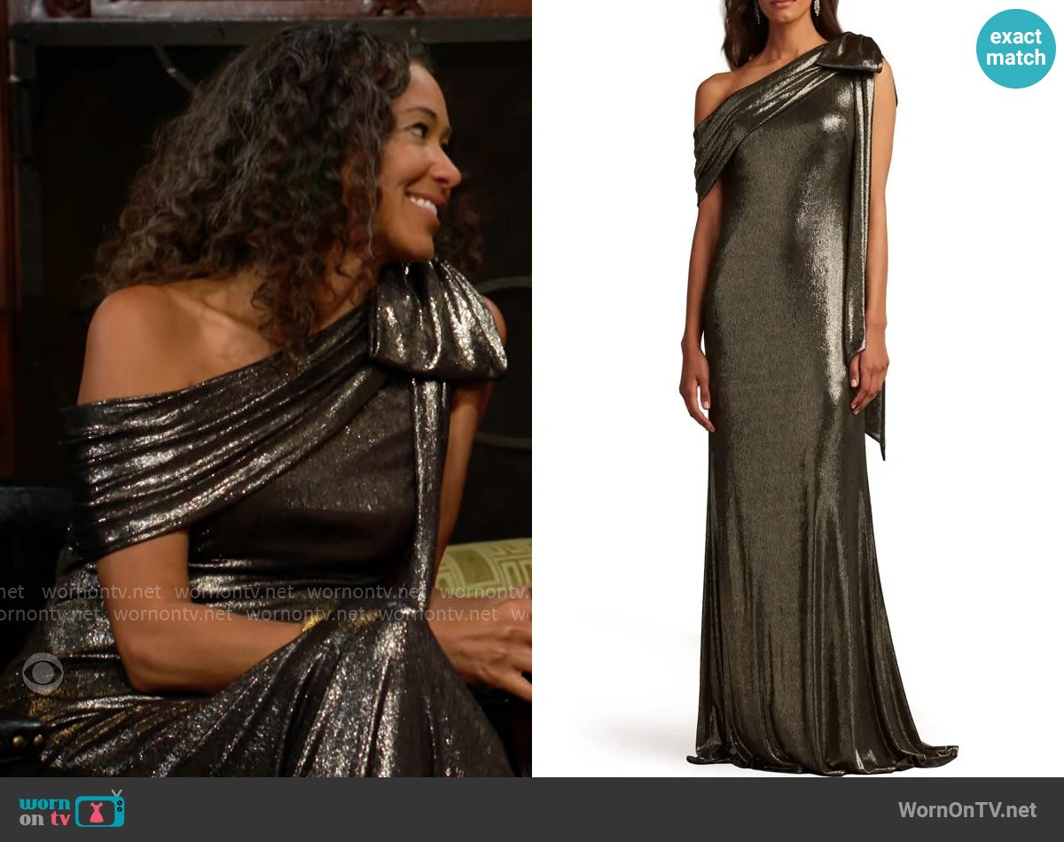 Tadashi Shoji Metallic One-Shoulder Liquid Jersey Gown worn by Yolanda Hamilton (Chene Lawson) on The Young and the Restless