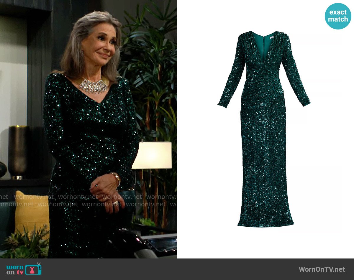 Tadashi Shoji Sequined Surplice Body-Con Gown worn by Jill Abbott (Jess Walton) on The Young and the Restless