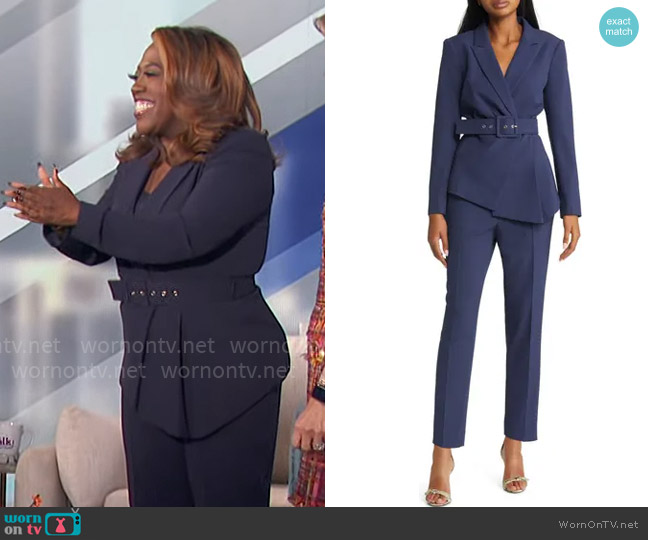 Tahari ASL Peak Lapel Belted Blazer & Pants Set in Midnight Navy worn by Sheryl Underwood on The Talk