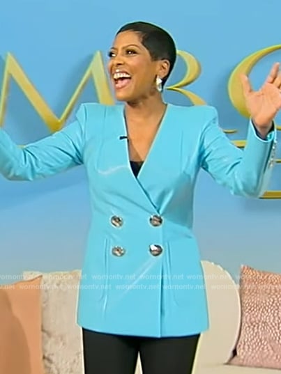 Tamron's blue leather blazer on Tamron Hall Show