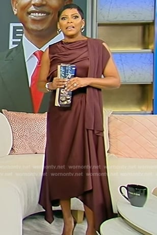 Tamron's burgundy drape satin top and skirt on Tamron Hall Show