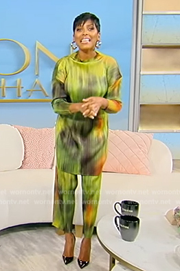 Tamron's green tie dye mini dress and pants on Tamron Hall Show