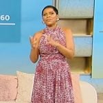 Tamron’s red patterned sleeveless midi dress on Tamron Hall Show